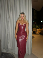 Elegant Strapless Faux Leather Bodycon Evening Dress