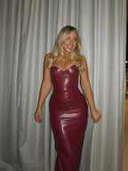 Elegant Strapless Faux Leather Bodycon Evening Dress
