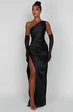 One-Shoulder Satin Evening Gown with High Slit