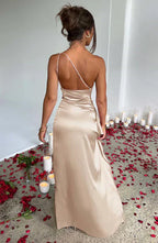 One-Shoulder Satin Evening Gown with High Slit