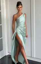 One-Shoulder Satin Evening Gown with High Slit
