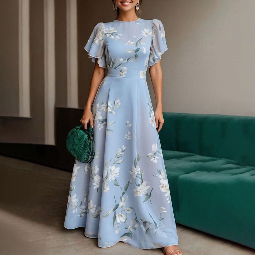 Elegant Blue Floral Flutter Sleeve Maxi Dress