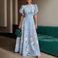 Elegant Blue Floral Flutter Sleeve Maxi Dress