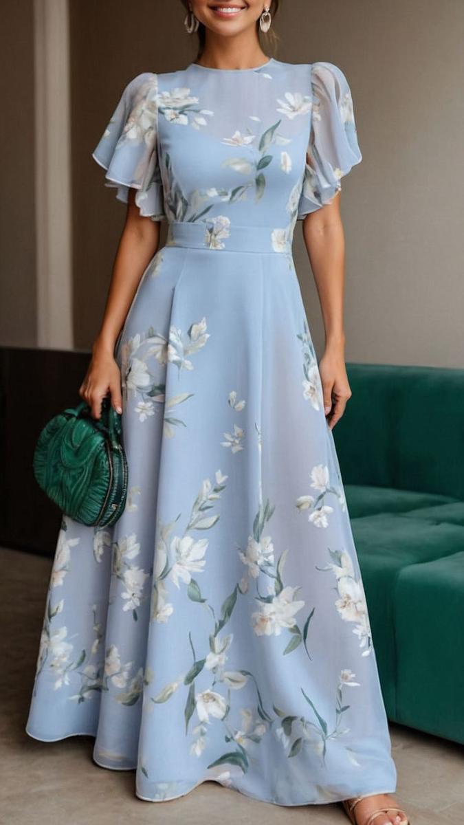 Elegant Blue Floral Flutter Sleeve Maxi Dress