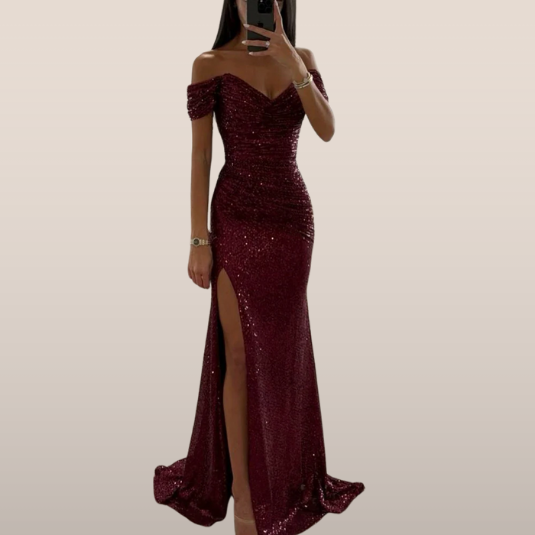 Off-Shoulder Sequin Maxi Gown with High Slit