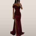 Off-Shoulder Sequin Maxi Gown with High Slit