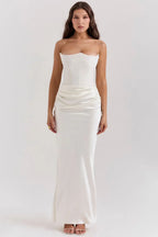 Strapless Ruched Satin Bodycon Maxi Dress