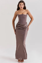 Strapless Ruched Satin Bodycon Maxi Dress