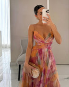 Flowy Multi-Color Chiffon Maxi Dress with Draped Bodice
