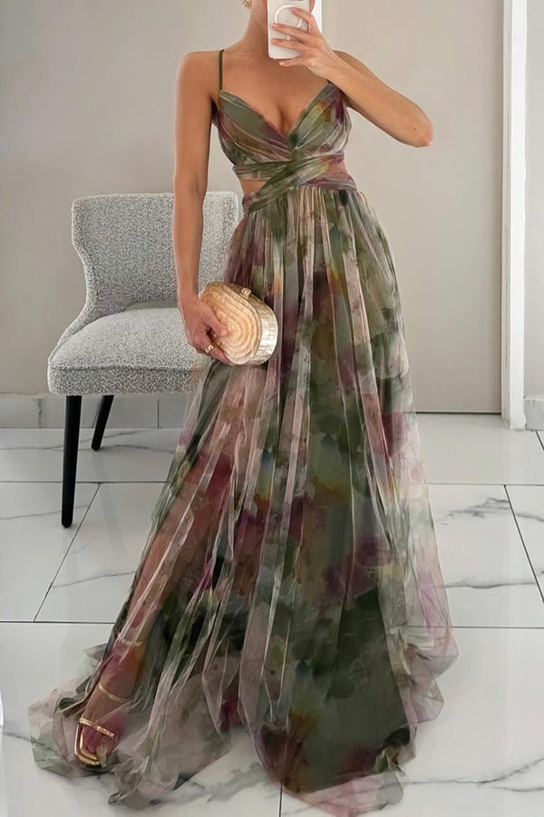 Flowy Multi-Color Chiffon Maxi Dress with Draped Bodice