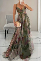 Flowy Multi-Color Chiffon Maxi Dress with Draped Bodice