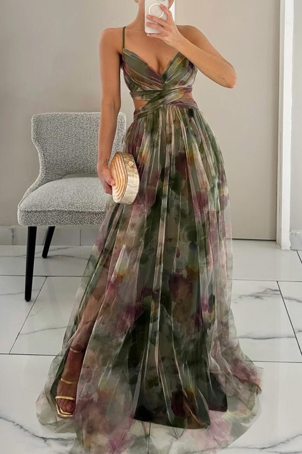Flowy Multi-Color Chiffon Maxi Dress with Draped Bodice