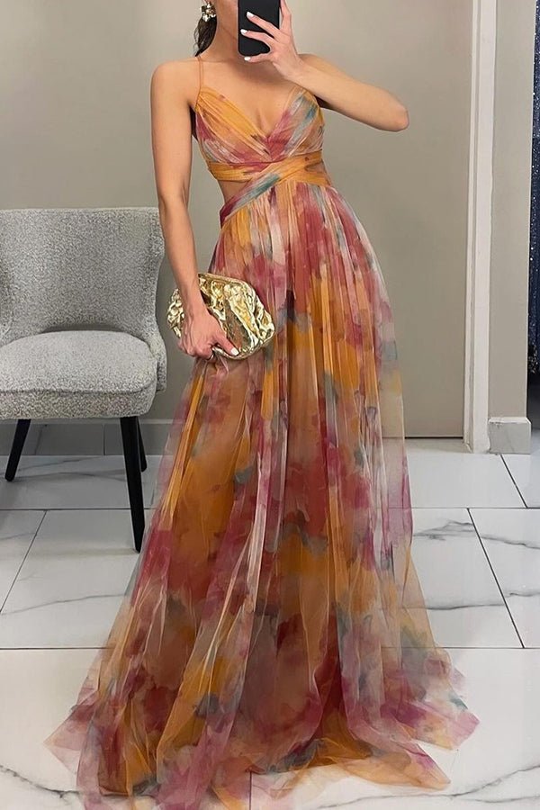 Flowy Multi-Color Chiffon Maxi Dress with Draped Bodice