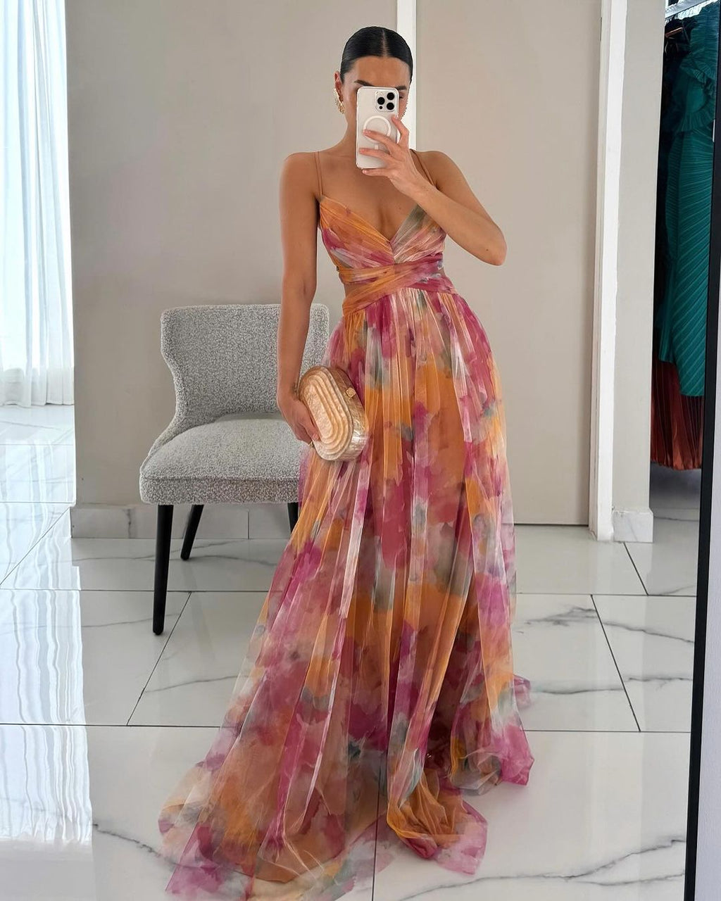 Flowy Multi-Color Chiffon Maxi Dress with Draped Bodice