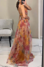 Flowy Multi-Color Chiffon Maxi Dress with Draped Bodice