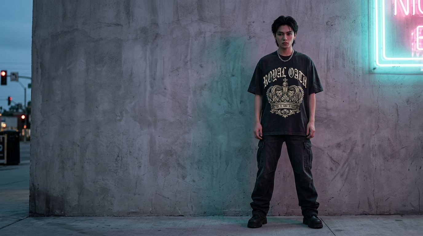 Model wearing the Royal Oath oversized graphic t-shirt against a concrete wall at dusk