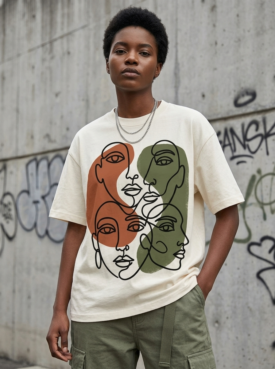 Model wearing the Faces Study oversized graphic t-shirt, editorial streetwear photo