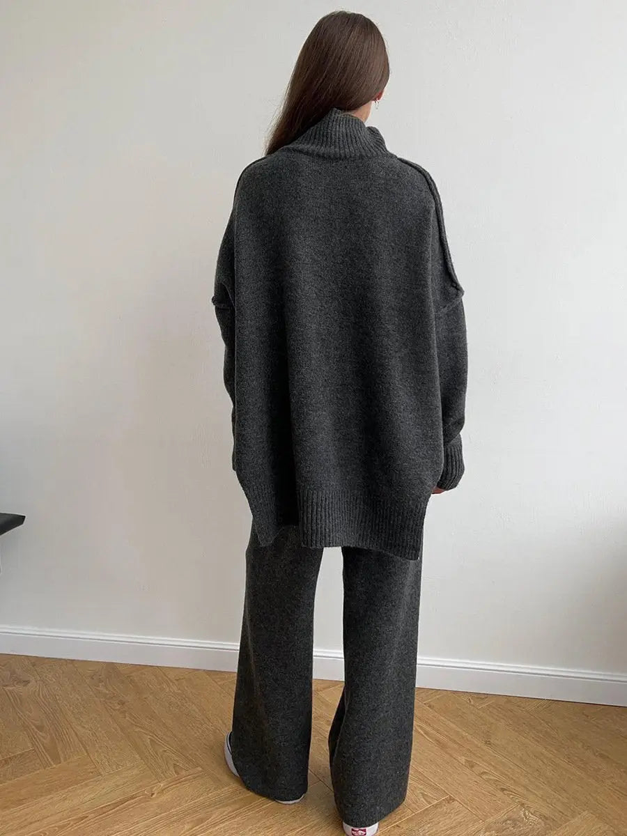 Women’s High-Neck Knit Lounge Set with Wide-Leg Pants