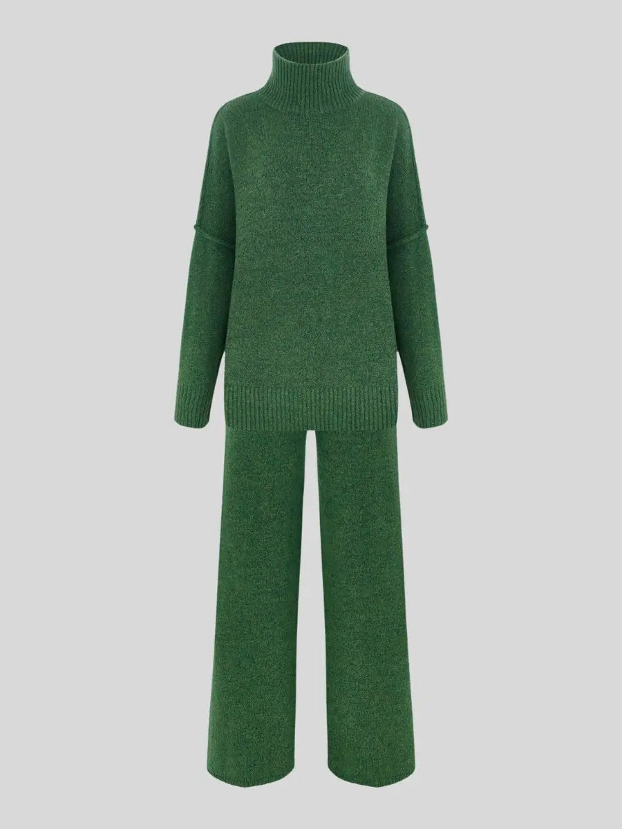 Women’s High-Neck Knit Lounge Set with Wide-Leg Pants