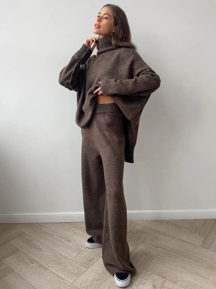 Women’s High-Neck Knit Lounge Set with Wide-Leg Pants