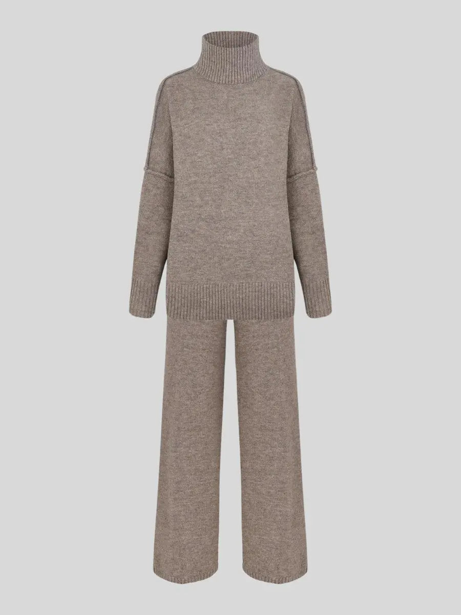 Women’s High-Neck Knit Lounge Set with Wide-Leg Pants
