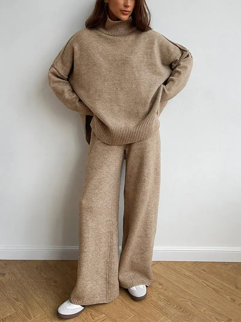 Women’s High-Neck Knit Lounge Set with Wide-Leg Pants