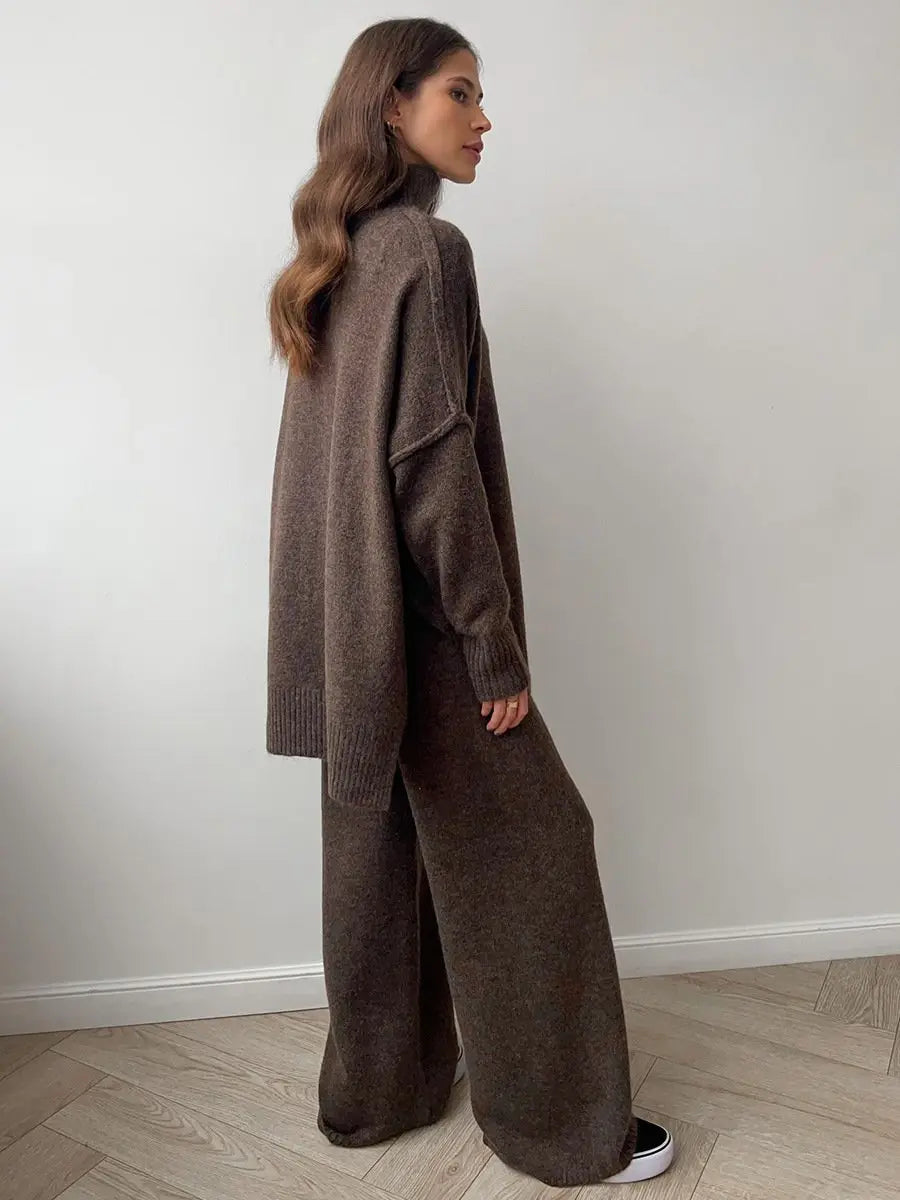 Women’s High-Neck Knit Lounge Set with Wide-Leg Pants