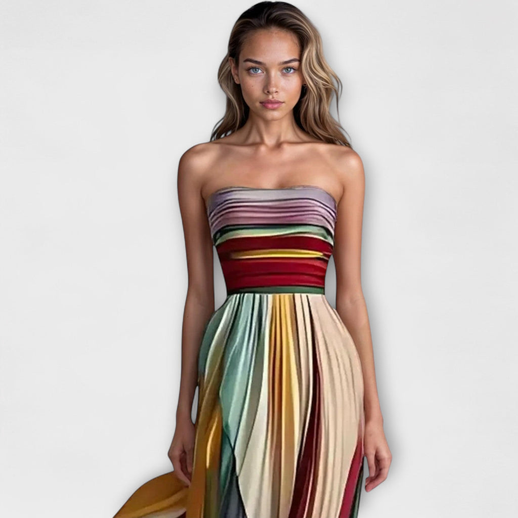 Strapless Multicolor Pleated Maxi Dress
