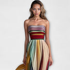 Strapless Multicolor Pleated Maxi Dress